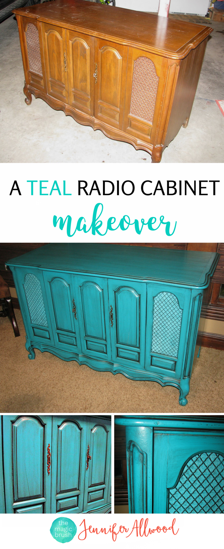 What a fun color! A Repurposed Radio Cabinet by Jennifer Allwood of theMagicBrushinc.com | Teal Radio Cabinet | Painted Furniture Ideas