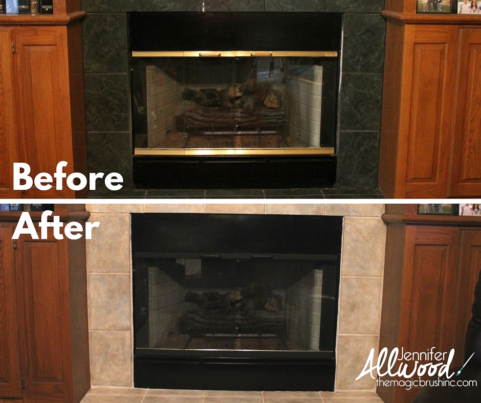 before after of painting fireplace brass trim
