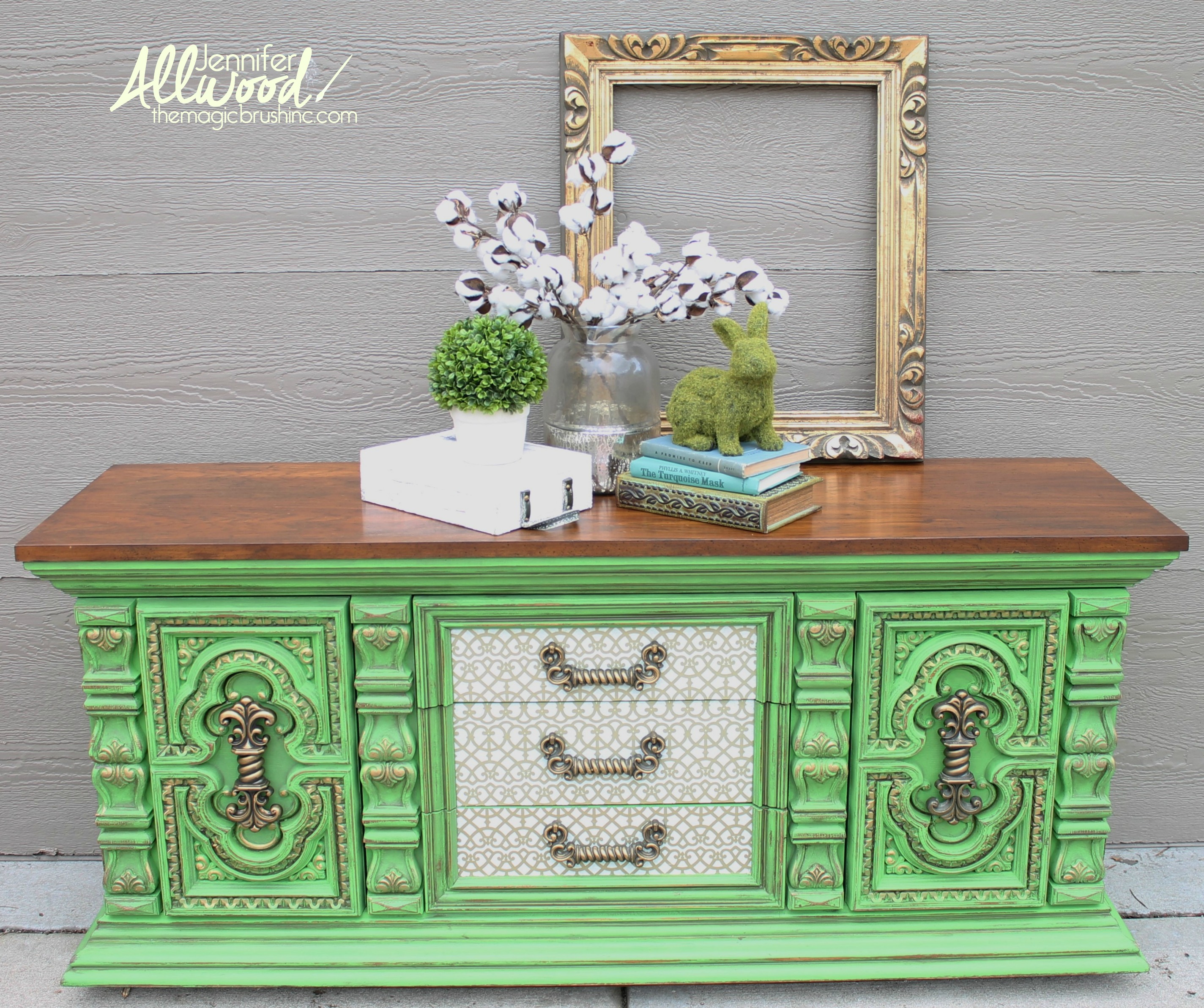 Bold green dresser makeover with decoupage drawers