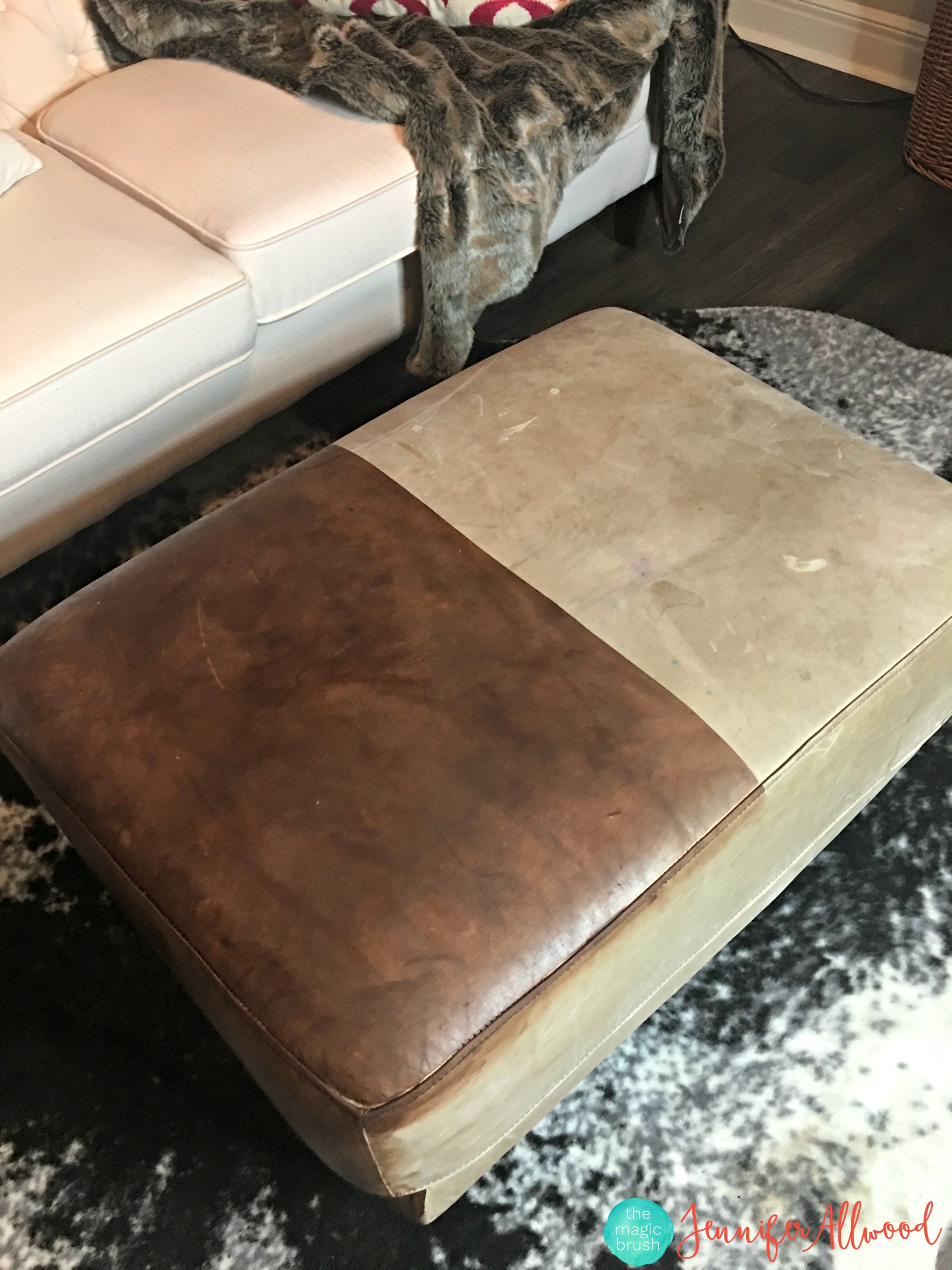 Leather ottoman makeover – and how to use leather paint on anything leather!