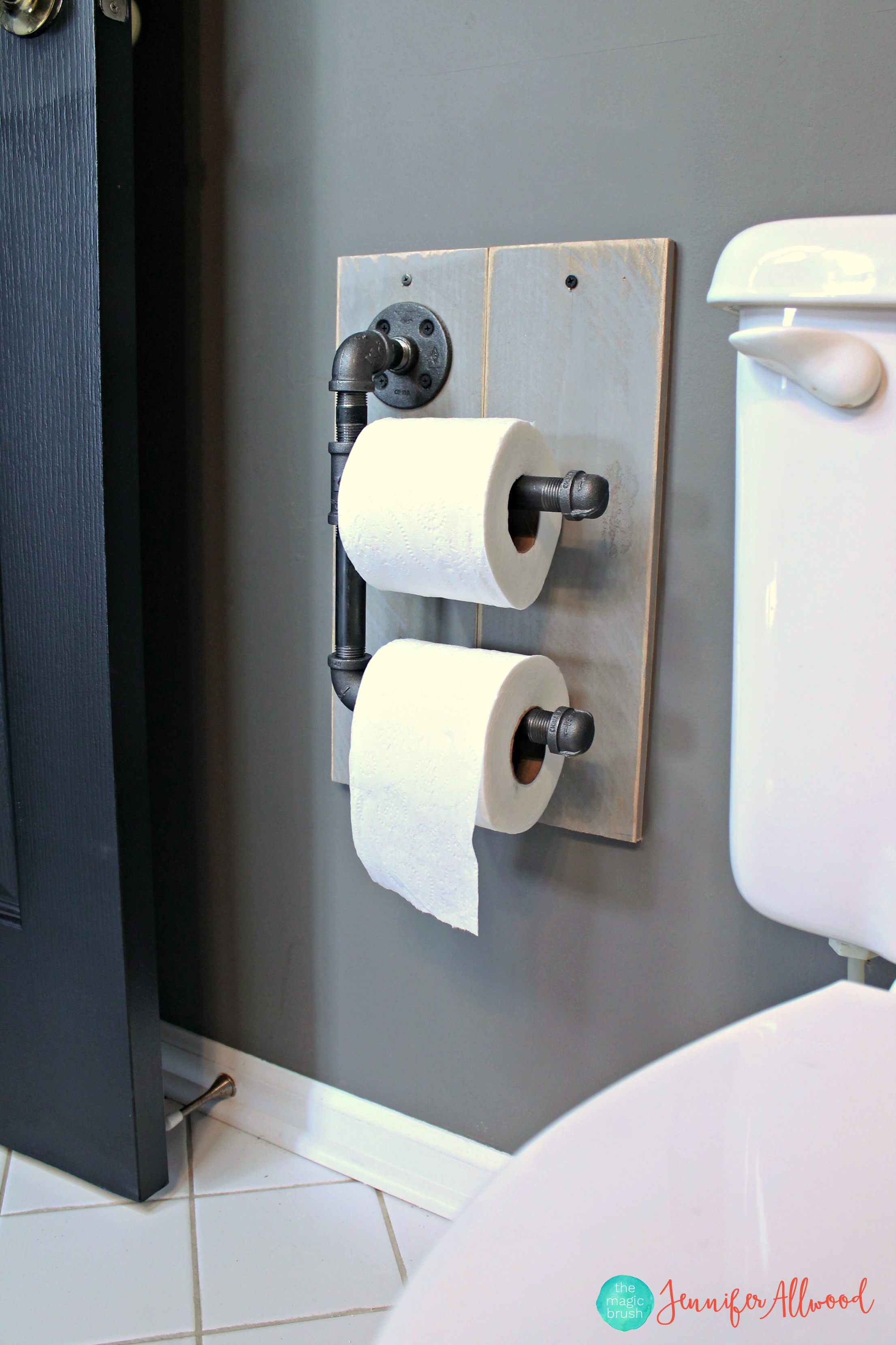 How to make an industrial looking toilet paper holder (for kids who don’t replace the t.p.!)
