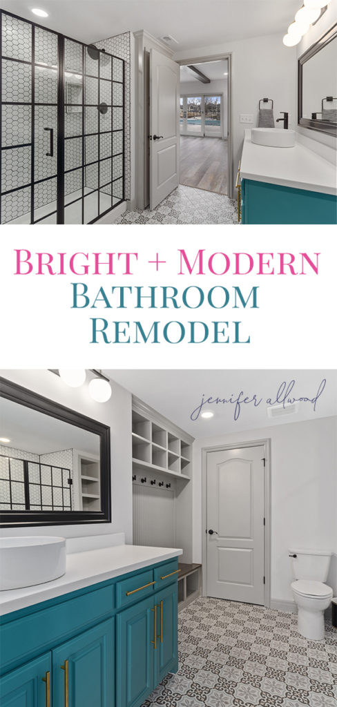 Bright and Modern Bathroom Remodel with geometric tile, walk in shower, and bright cabinets