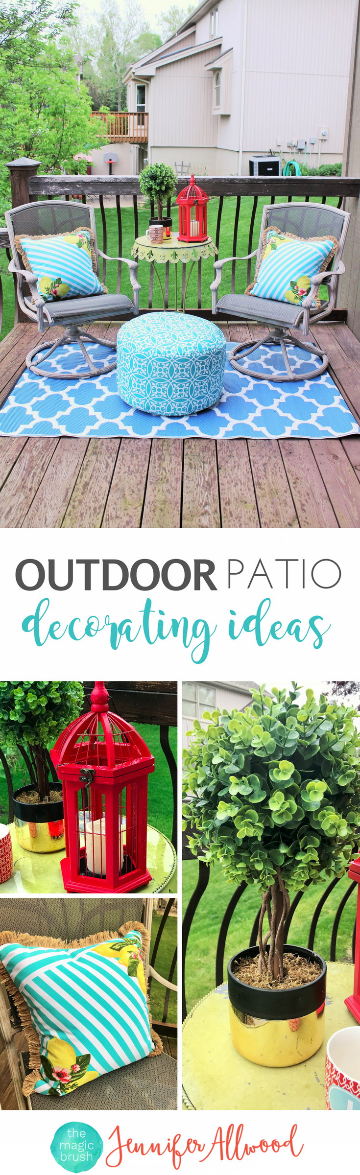 Outdoor Patio Decor by Jennifer Allwood | Patio Decorating Ideas + Outdoor Pouf + Blue + Yellow Decor + Porch Decor + Red Lantern + Topiary Decor
