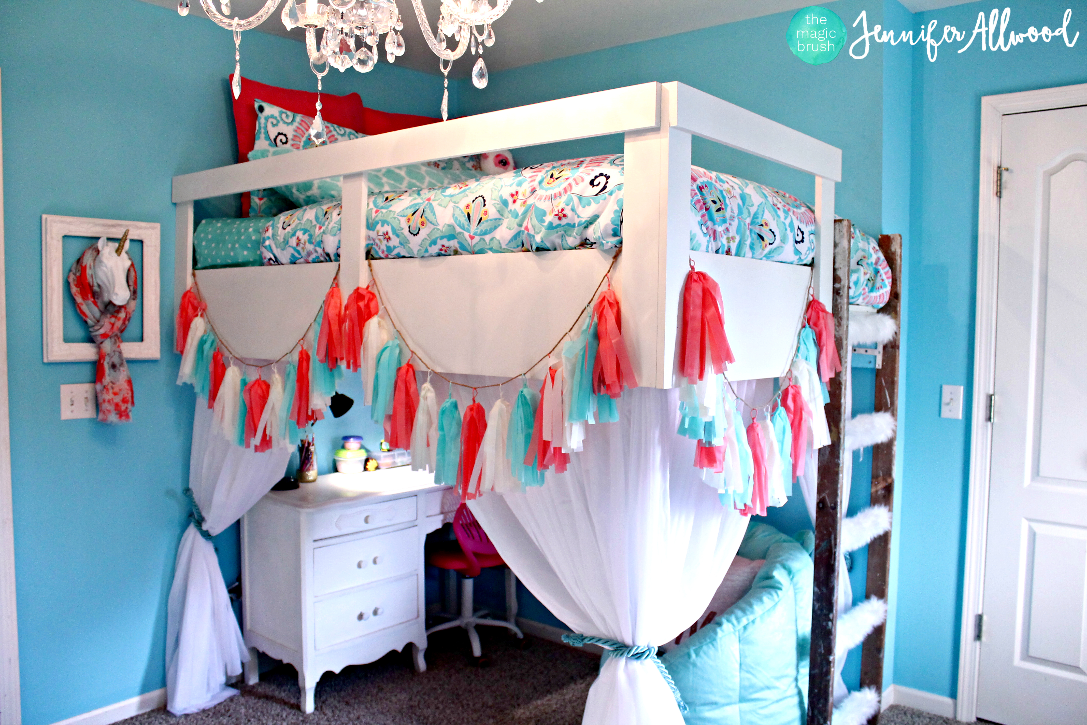 Ava’s new blue and blush bedroom + loft bed