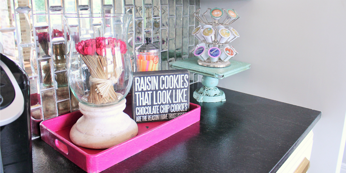 Glam Coffee Bar Makeover with Mirrored Tile