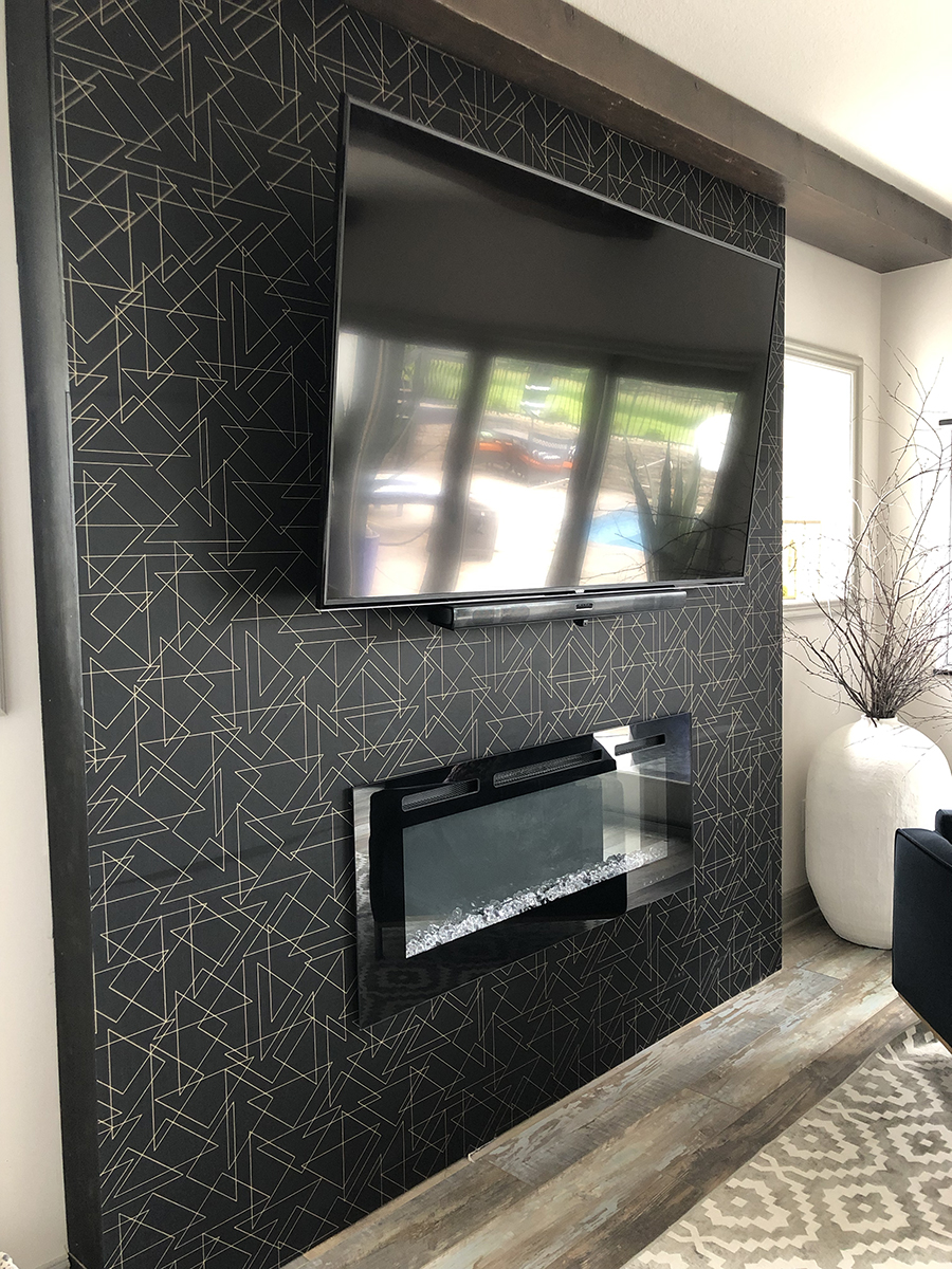 Our Black Wallpaper Wall with a Fireplace Insert!