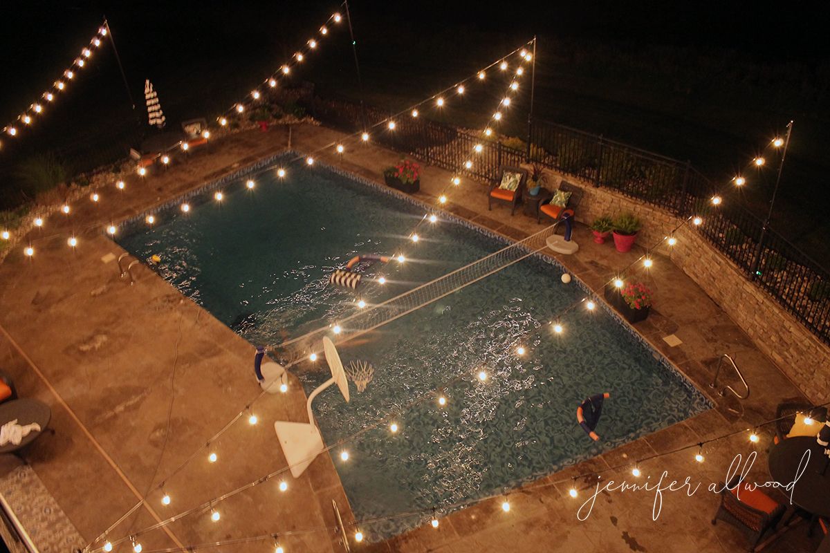 string lights above outdoor pool
