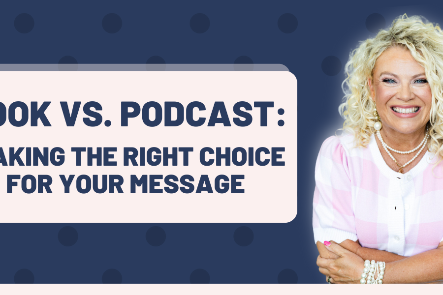 The Jennifer Allwood Show podcast graphic, Books vs. podcast with photo of Jennifer Allwood, women's business coach